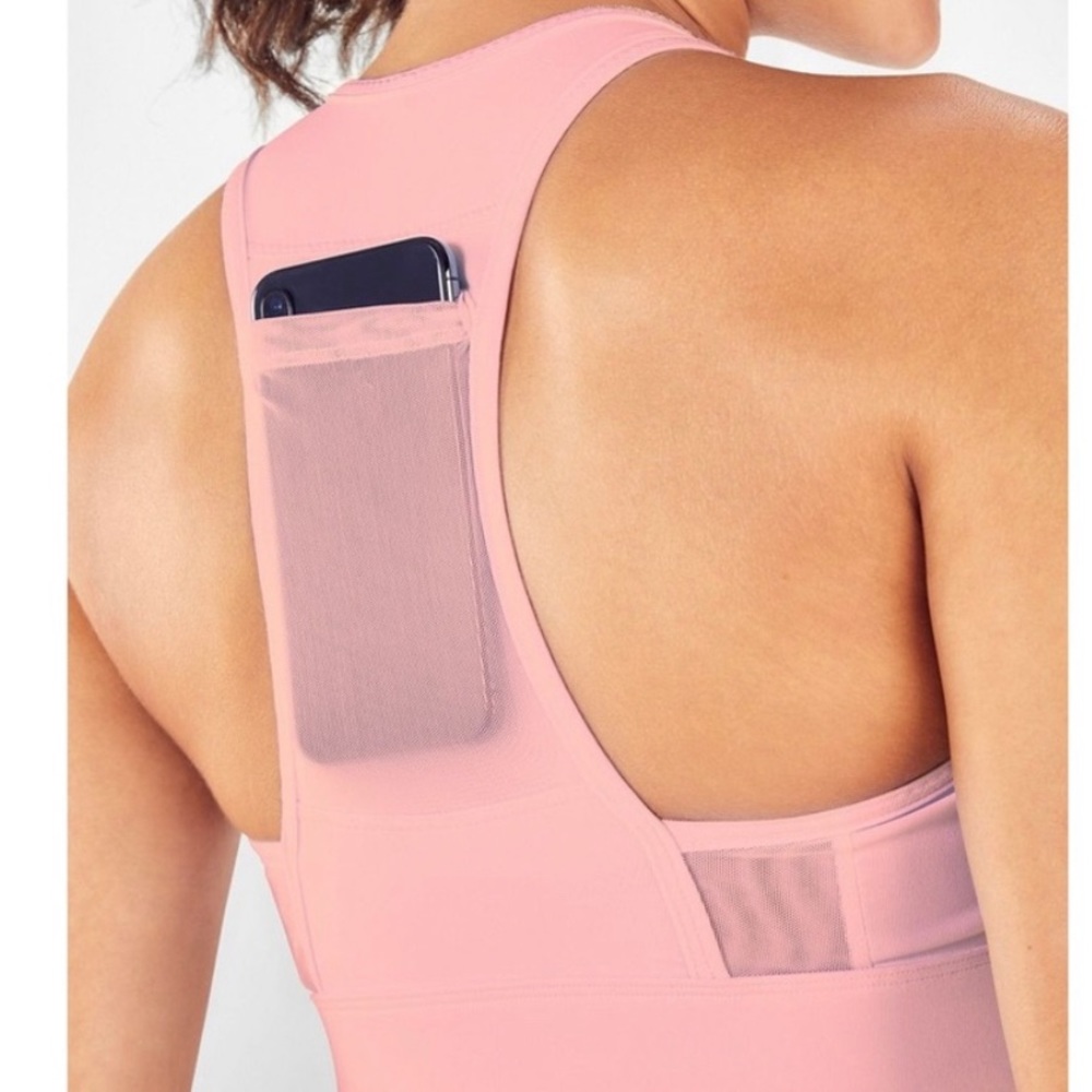 Fabletics Pink Racerback Sports Bra with Back Phone Pocket